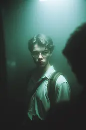 Midjourney generated image using SREF code Twilight Smog: A man with glasses standing in a dark room.