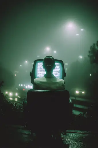 Midjourney generated image using SREF code Twilight Smog: A person sitting in a chair looking at a computer screen.