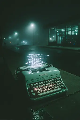 Midjourney generated image using SREF code Twilight Smog: A typewriter sitting on a sidewalk in the dark.