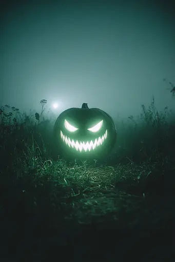 Midjourney generated image using SREF code Twilight Smog: A jack-o-lantern in the middle of a field at night.