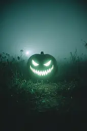 Midjourney generated image using SREF code Twilight Smog: A jack-o-lantern in the middle of a field at night.