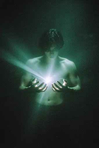 Midjourney generated image using SREF code Twilight Smog: A man holding a glowing light in his hands.