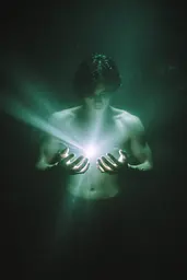 Midjourney generated image using SREF code Twilight Smog: A man holding a glowing light in his hands.
