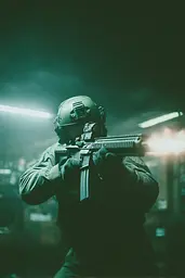 Midjourney generated image using SREF code Twilight Smog: A man in a military uniform holding a rifle.
