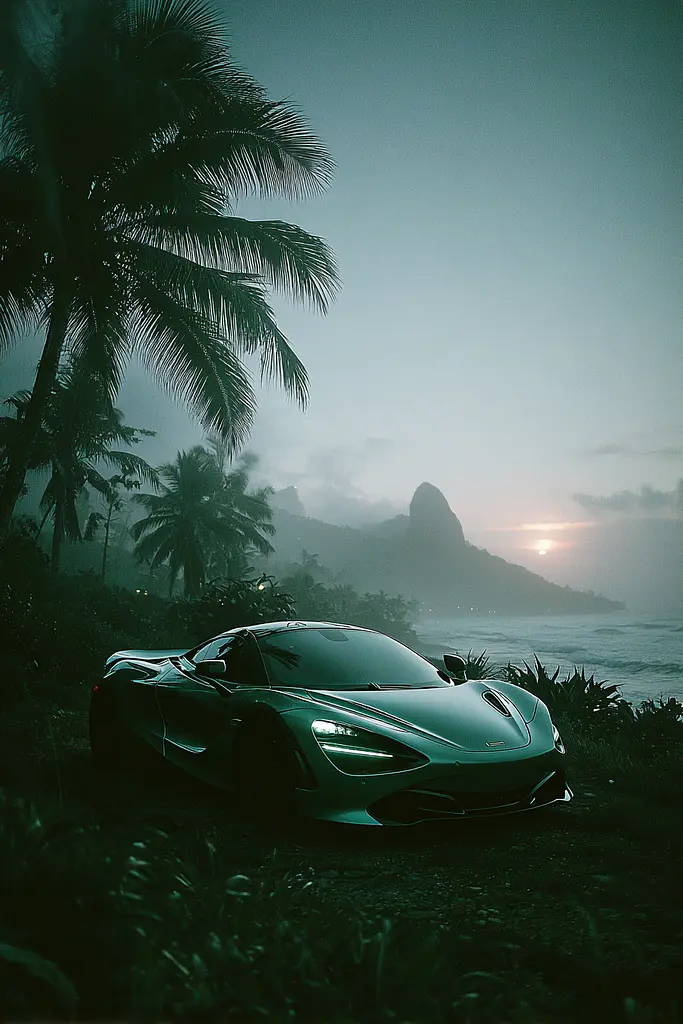 Midjourney generated image using SREF code Twilight Smog: A car parked on the side of a road next to the ocean.