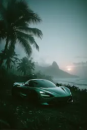 Midjourney generated image using SREF code Twilight Smog: A car parked on the side of a road next to the ocean.