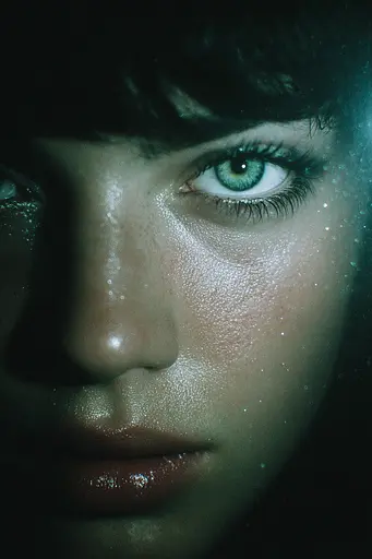 Midjourney generated image using SREF code Twilight Smog: A close up of a woman's face with green eyes.