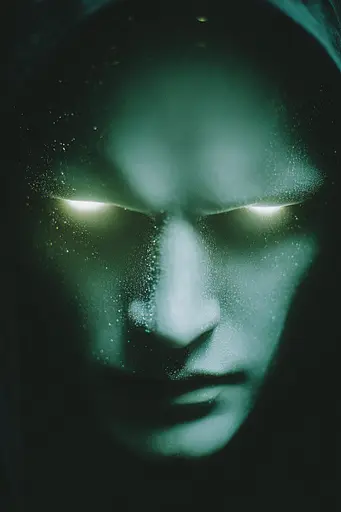 Midjourney generated image using SREF code Twilight Smog: a close up of a person with green eyes