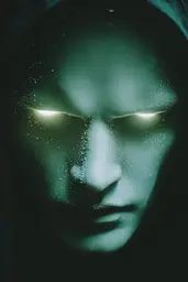 Midjourney generated image using SREF code Twilight Smog: a close up of a person with green eyes