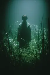 Midjourney generated image using SREF code Twilight Smog: A person standing in a field of tall grass.
