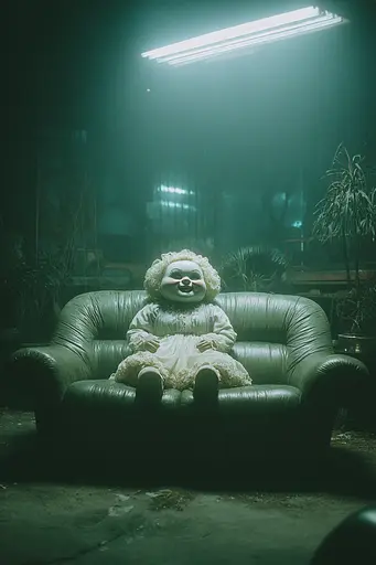 Midjourney generated image using SREF code Twilight Smog: A creepy doll sitting on a couch in a dark room.
