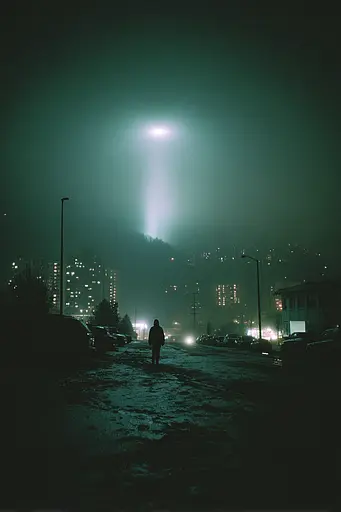 Midjourney generated image using SREF code Twilight Smog: A person walking down a snowy street at night.