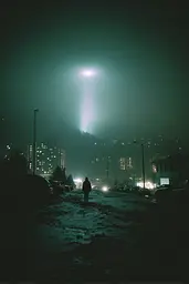 Midjourney generated image using SREF code Twilight Smog: A person walking down a snowy street at night.