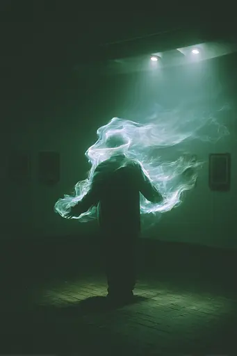 Midjourney generated image using SREF code Twilight Smog: A person standing in a dark room with smoke coming out of their head.