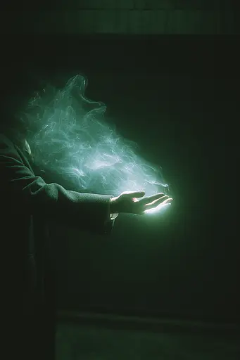 Midjourney generated image using SREF code Twilight Smog: A person holding a glowing green light in their hand.