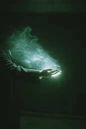 Midjourney generated image using SREF code Twilight Smog: A person holding a glowing green light in their hand.