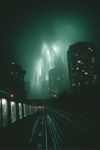 Midjourney generated image using SREF code Twilight Smog: A train traveling through a city at night. 