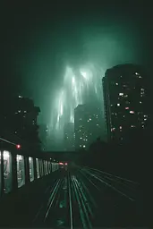 Midjourney generated image using SREF code Twilight Smog: A train traveling through a city at night. 
