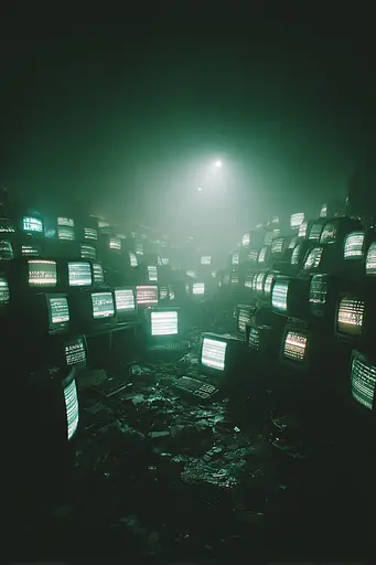 Midjourney generated image using SREF code Twilight Smog: A large room filled with lots of old computers.