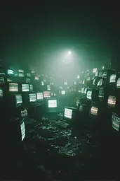 Midjourney generated image using SREF code Twilight Smog: A large room filled with lots of old computers.
