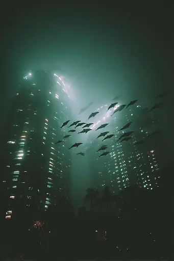 Midjourney generated image using SREF code Twilight Smog: A group of dolphins swimming in the ocean near a tall building.