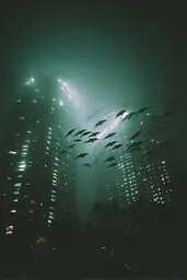 Midjourney generated image using SREF code Twilight Smog: A group of dolphins swimming in the ocean near a tall building.