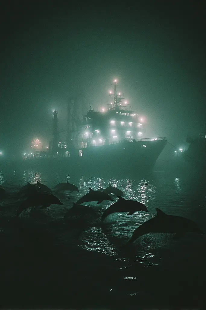 Midjourney generated image using SREF code Twilight Smog: A group of dolphins jumping out of the water in front of a ship.
