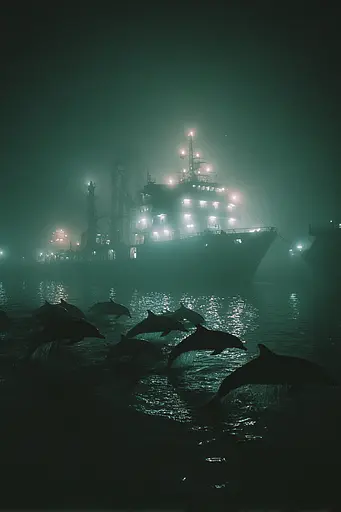 Midjourney generated image using SREF code Twilight Smog: A group of dolphins jumping out of the water in front of a ship.