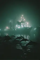 Midjourney generated image using SREF code Twilight Smog: A group of dolphins jumping out of the water in front of a ship.