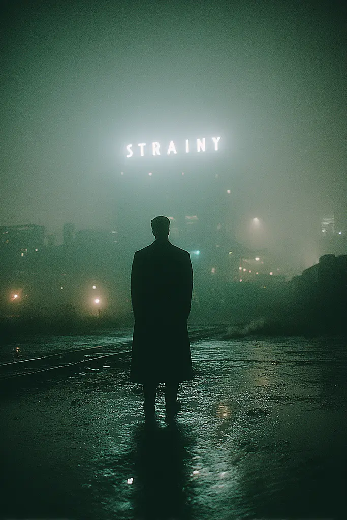 Midjourney generated image using SREF code Twilight Smog: A man standing in the middle of a city at night.