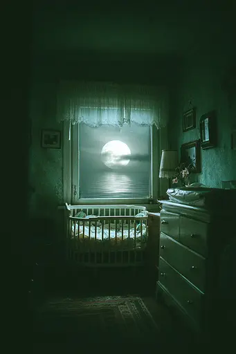 Midjourney generated image using SREF code Twilight Smog: A baby's room with a crib and a full moon in the window.