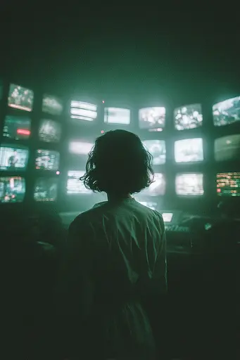 Midjourney generated image using SREF code Twilight Smog: A person standing in front of a wall of television screens.