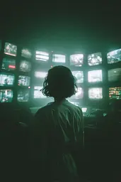 Midjourney generated image using SREF code Twilight Smog: A person standing in front of a wall of television screens.