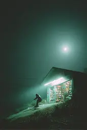 Midjourney generated image using SREF code Twilight Smog: A person riding a snowboard down a dirt road at night.