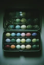 Midjourney generated image using SREF code Twilight Smog: A box of colored eggs sitting on top of a table.