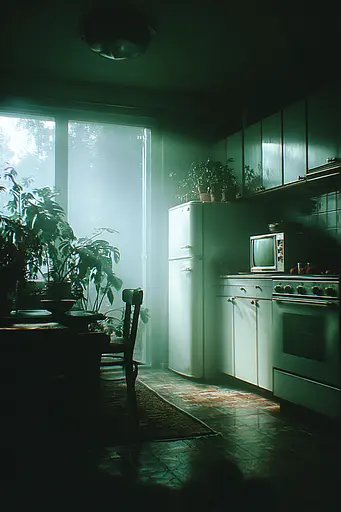 Midjourney generated image using SREF code Twilight Smog: A kitchen with a table and chairs in it.