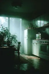 Midjourney generated image using SREF code Twilight Smog: A kitchen with a table and chairs in it.