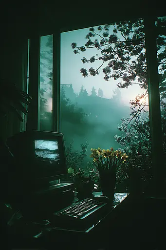 Midjourney generated image using SREF code Twilight Smog: A computer sitting on top of a desk next to a window.