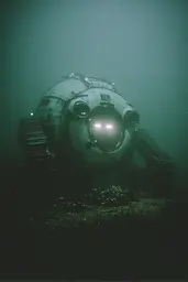 Midjourney generated image using SREF code Twilight Smog: A submarine floating in the ocean with its lights on.