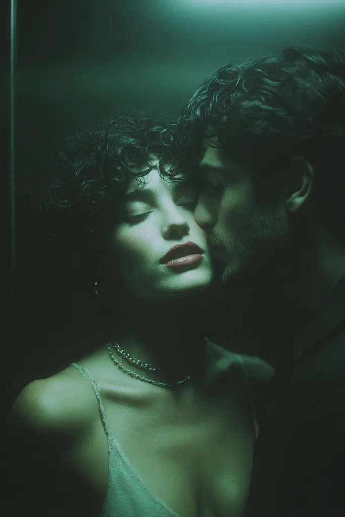 Midjourney generated image using SREF code Twilight Smog: A man and a woman are kissing in an elevator.