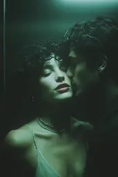 Midjourney generated image using SREF code Twilight Smog: A man and a woman are kissing in an elevator.