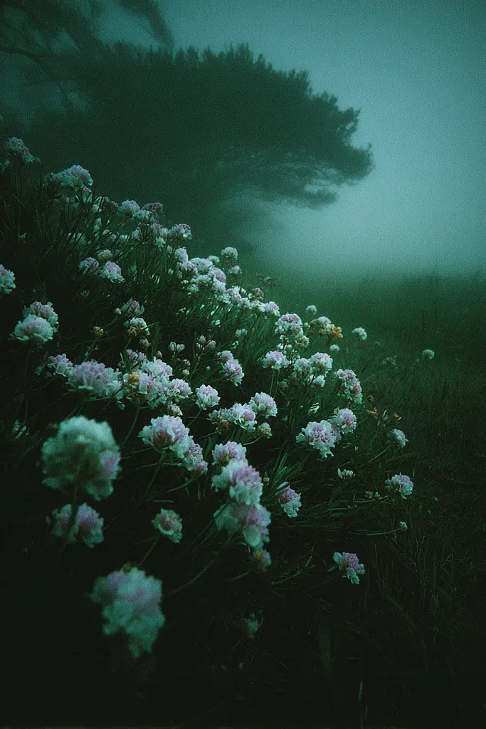 Midjourney generated image using SREF code Twilight Smog: A field of flowers in the middle of a foggy field.