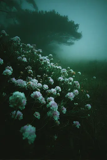 Midjourney generated image using SREF code Twilight Smog: A field of flowers in the middle of a foggy field.
