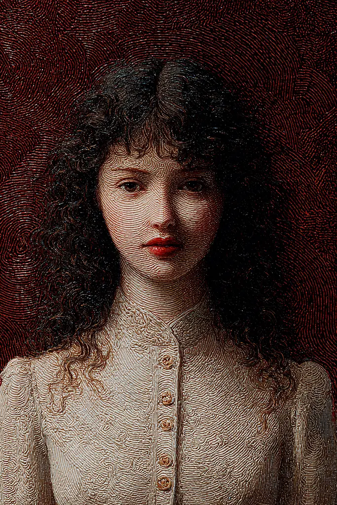 Midjourney generated image using SREF code Opaque Emberlock: A portrait of a young woman with curly hair.