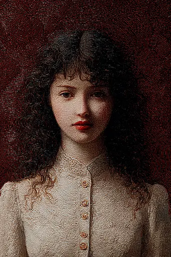 Midjourney generated image using SREF code Opaque Emberlock: A portrait of a young woman with curly hair.