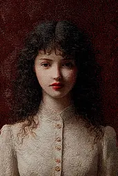Midjourney generated image using SREF code Opaque Emberlock: A portrait of a young woman with curly hair.