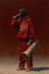 Midjourney generated image using SREF code Opaque Emberlock: A man in a red hoodie holding a megaphone.
