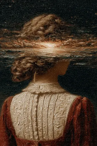 Midjourney generated image using SREF code Opaque Emberlock: A painting of a woman with a sun in her hair.
