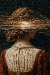 Midjourney generated image using SREF code Opaque Emberlock: A painting of a woman with a sun in her hair.