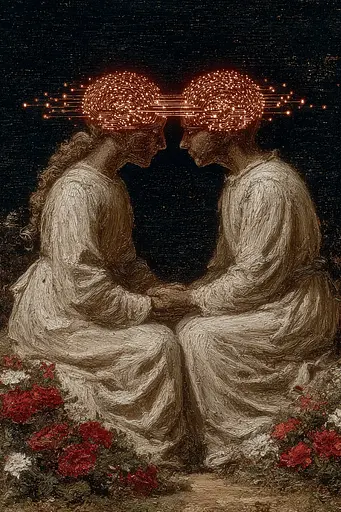 Midjourney generated image using SREF code Opaque Emberlock: A couple of people sitting next to each other in a field of flowers.
